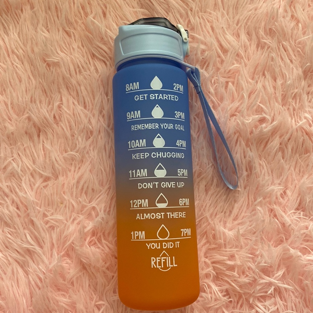 Motivational fitness water bottle orange and blue 21oz